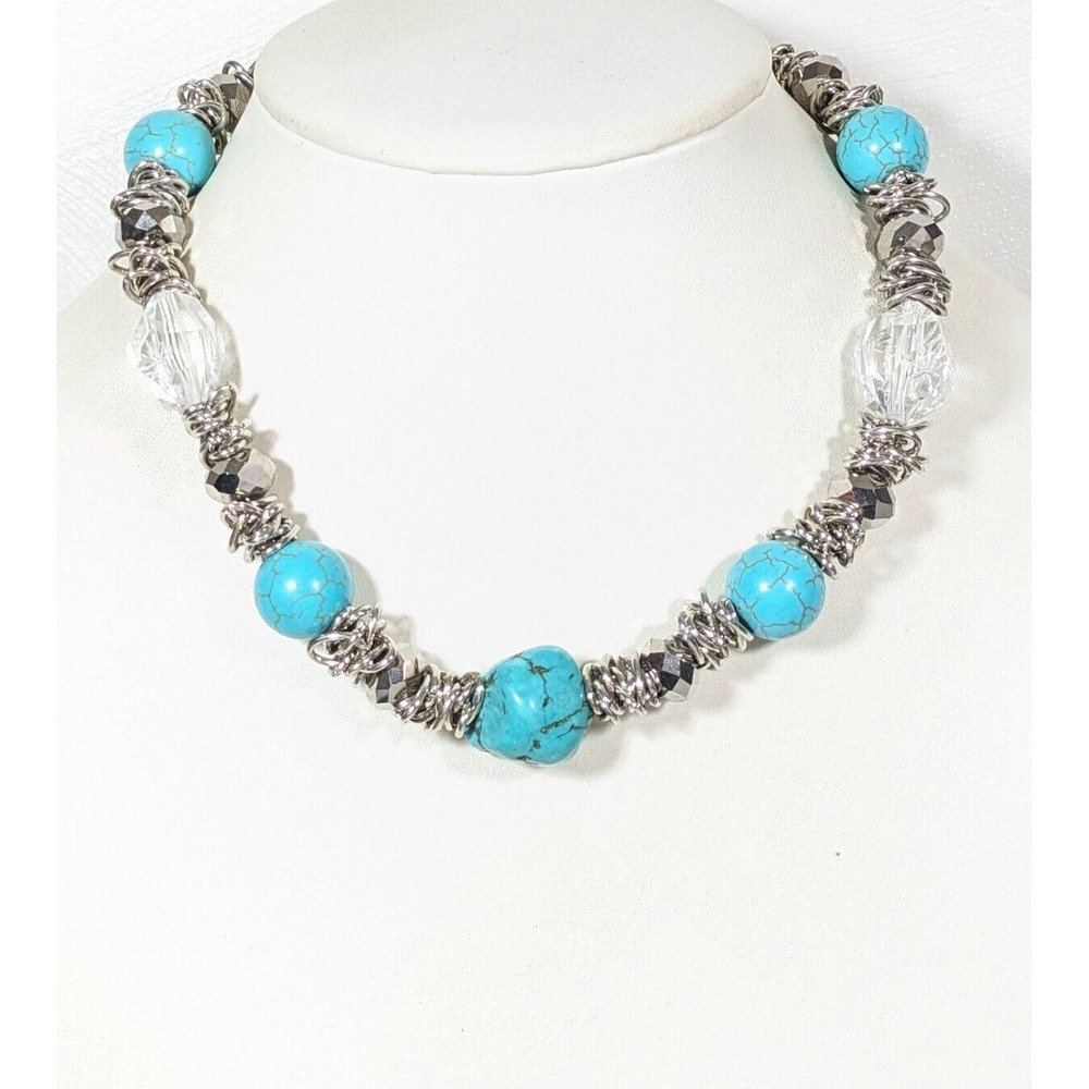 Beachy Coastal Blue Stone Faux Turquoise Bold Beaded Necklace 20 inch